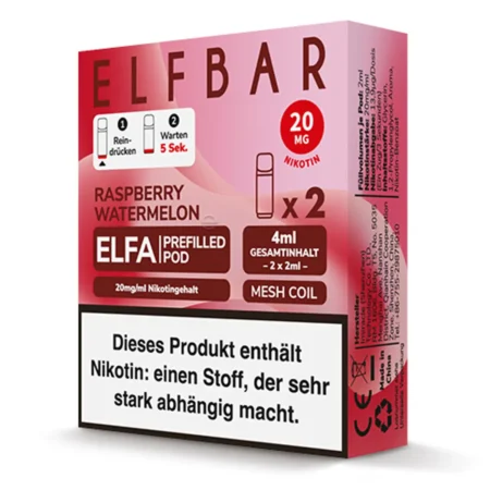 Elfbar Pods Raspberry Watermelon – 10x 2x2ml Pods, fruchtige Kombination aus Himbeere und Wassermelone.