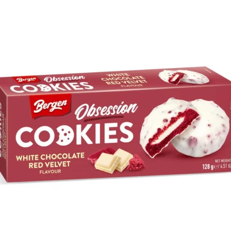 Bergen Cookies White Choc Red Velvet 128g – Kekse mit weißer Schokolade und Red-Velvet-Geschmack