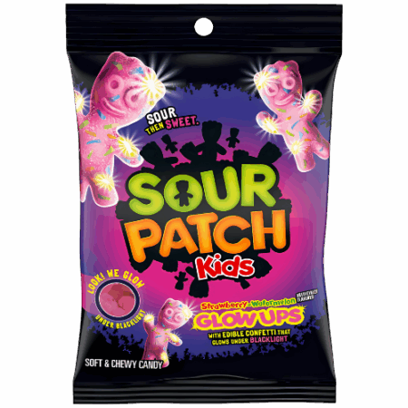 Sour Patch Kids Glow Ups Bag 12x130g – Gummibonbons mit Schwarzlicht-Effekt in Strawberry-Watermelon
