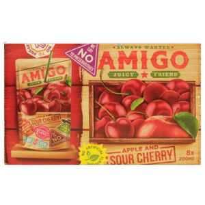 Amigo Apple and Sour Cherry 16x200ml – fruchtiges Getränk mit Apfel- und Sauerkirschgeschmack im praktischen 200-ml-Format.
