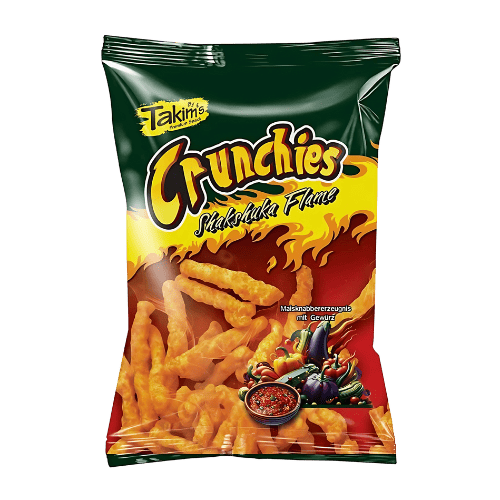 Takims Crunchies Shakshuka Flame 24x90g – Orientalischer Mais-Snack mit würziger Schärfe