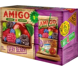 Amigo Very Berry 16x200ml – fruchtiges Beerengetränk im handlichen 200-ml-Format für den Einzelverkauf.