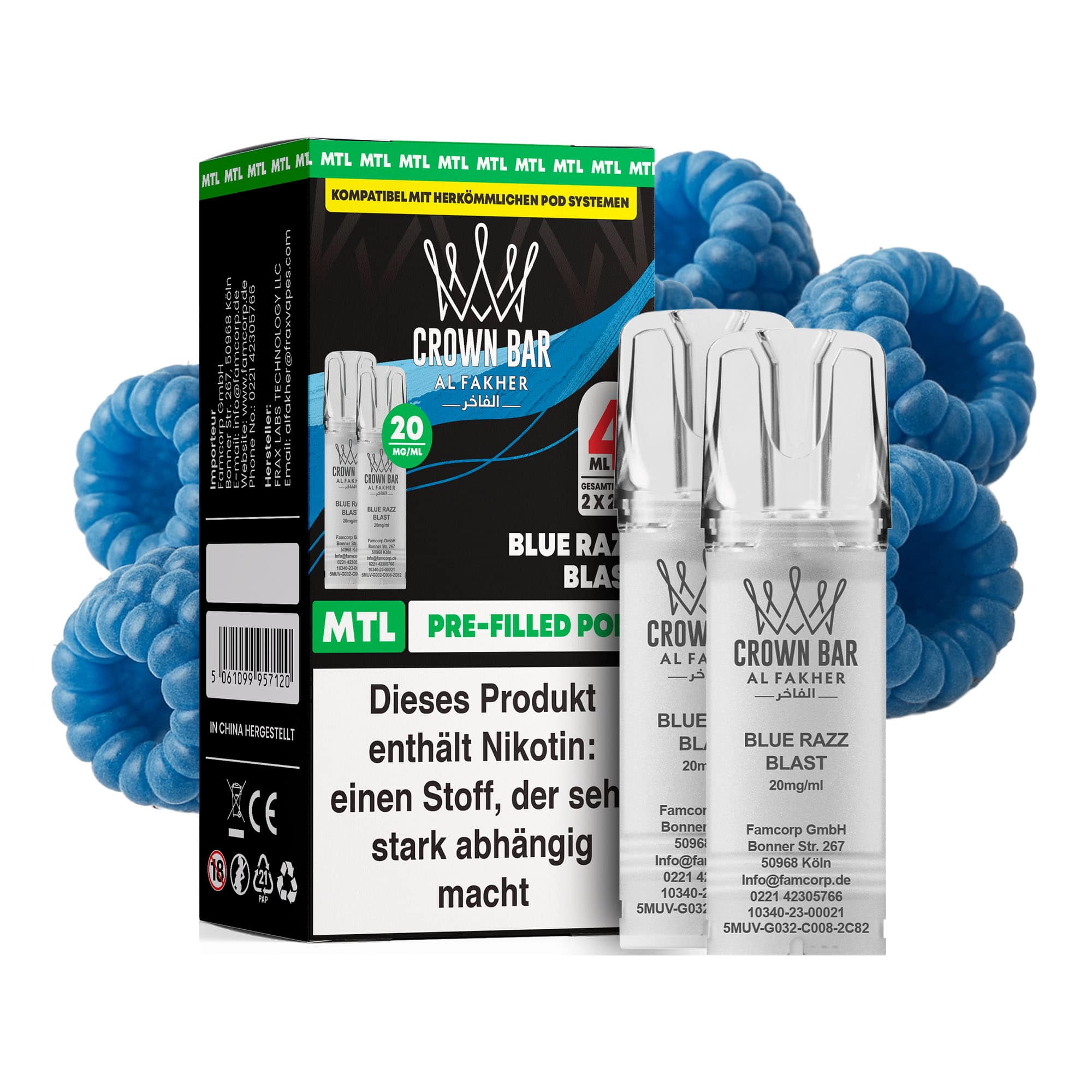 Al Fakher Pod Blue Razz Blast – 10×2er Pack (2+2 ml Pods)