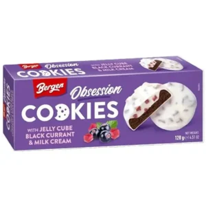 Bergen Obsession Jelly Cube Black Currant Milk Cream Cookies 128g – Cookies mit Johannisbeere Jelly und Milchcreme Geschmack