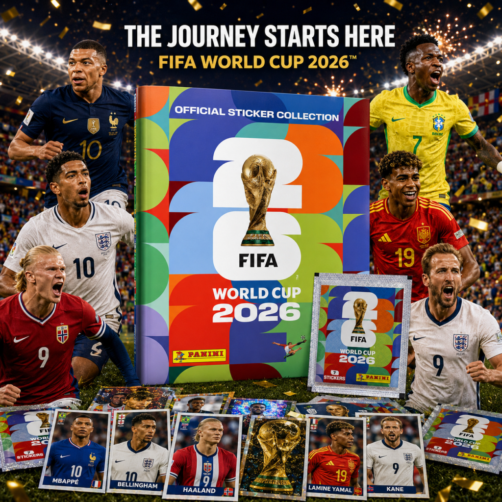 World Cup 2026 Panini Stickeralbum und Stickerpacks im Stadion mit Top-Fußballspielern, Feuerwerk und Sammlerstimmung. Offizielle Stickerkollektion FIFA World Cup 2026 mit Album, Stickern und internationalen Fußballstars.