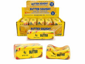 Butter Squishy Rainbow Swirl 12 Stück mit buntem Marmor-Design und Slow-Rebound-Effekt im Verkaufsdisplay