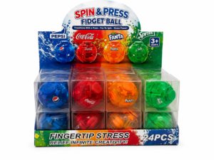 Fidget Ball Pepsi Cola Fanta Sprite 24 Stück Spin & Press Fidget Spinner in Blau Rot Orange und Grün im Verkaufsdisplay