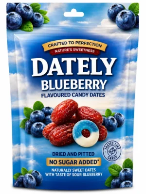 Dately Saure Datteln Blaubeergeschmack 18x100g – fruchtig-saure Datteln mit Blueberry-Geschmack ohne Zuckerzusatz im 18er-Karton.