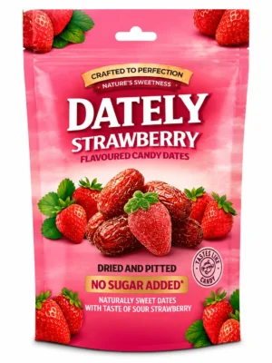 Dately Saure Datteln Erdbeergeschmack 18x100g – fruchtig-saure Datteln mit Erdbeergeschmack ohne Zuckerzusatz im 18er-Karton.