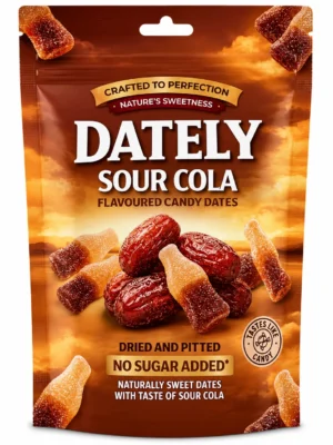 Dately Sour Cola Datteln 18x100g – saure Datteln mit Cola-Geschmack ohne Zuckerzusatz in 18 praktischen 100-g-Packungen.