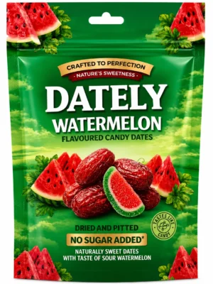 Dately Watermelon Datteln 18x100g – fruchtige Datteln mit Wassermelonengeschmack ohne Zuckerzusatz in 18 praktischen 100-g-Packungen.