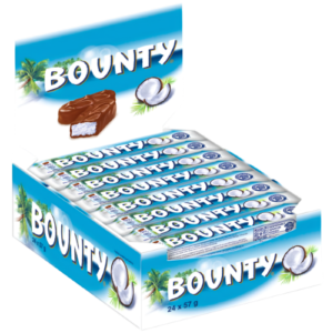 Bounty 24x57g Kokosriegel mit saftiger Kokosfüllung und Milchschokolade im Verkaufskarton