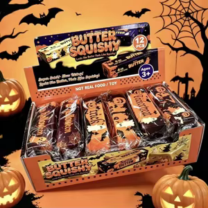 Butter Squishy Halloween 12 Stück Verkaufsdisplay mit weichen Slow-Rebound Butterriegel Squishys in verschiedenen Halloween-Designs