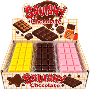 Chocolate Squishy 12Stk – bunte Anti-Stress-Spielzeuge in Schokoladentafel-Optik mit braunen, gelben und rosa Varianten