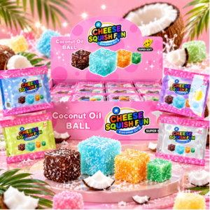 Coconut Cheese Squishy 12Stk – bunte weiche Anti-Stress-Spielzeuge in Würfel- und Käseoptik im Verkaufsdisplay