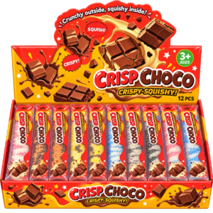 Crisp Choco Squishy 12Stk – bunte Anti-Stress-Spielzeuge im Schokoladenriegel-Design mit Crispy-Knusper-Effekt