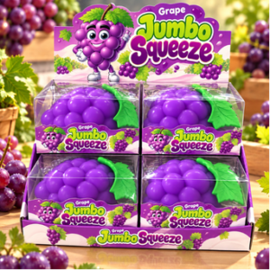 Jumbo Grape Squishy 4Stk – große violette Anti-Stress-Spielzeuge in Traubenform mit grünem Blatt
