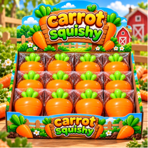 Karotten Squishy 12Stk – orangefarbene Anti-Stress-Spielzeuge in Karottenform mit grünen Blättern