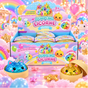 Licorne Dumpling Squishy 12Stk – bunte Einhorn Mystery Squishys in runden Dosen mit verschiedenen Farbvarianten