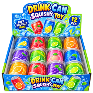 Multiple Drink Squishy 12Stk – bunte Anti-Stress-Spielzeuge in Getränkedosenform mit verschiedenen Fruchtmotiven