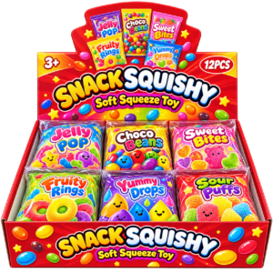 Snack Box Squishy 12Stk – bunte Anti-Stress-Spielzeuge im Süßigkeiten- und Snacktüten-Design mit verschiedenen Motiven.