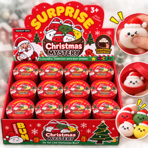 Christmas Mystery Squishy 12Stk – weihnachtliche Überraschungs-Squishys in roten Mystery-Dosen mit verschiedenen Figuren