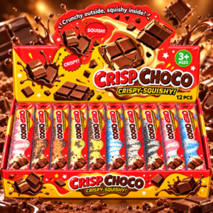 Crisp Choco Squishy 12Stk – bunte Anti-Stress-Spielzeuge im Schokoladenriegel-Design mit Crispy-Knusper-Effekt