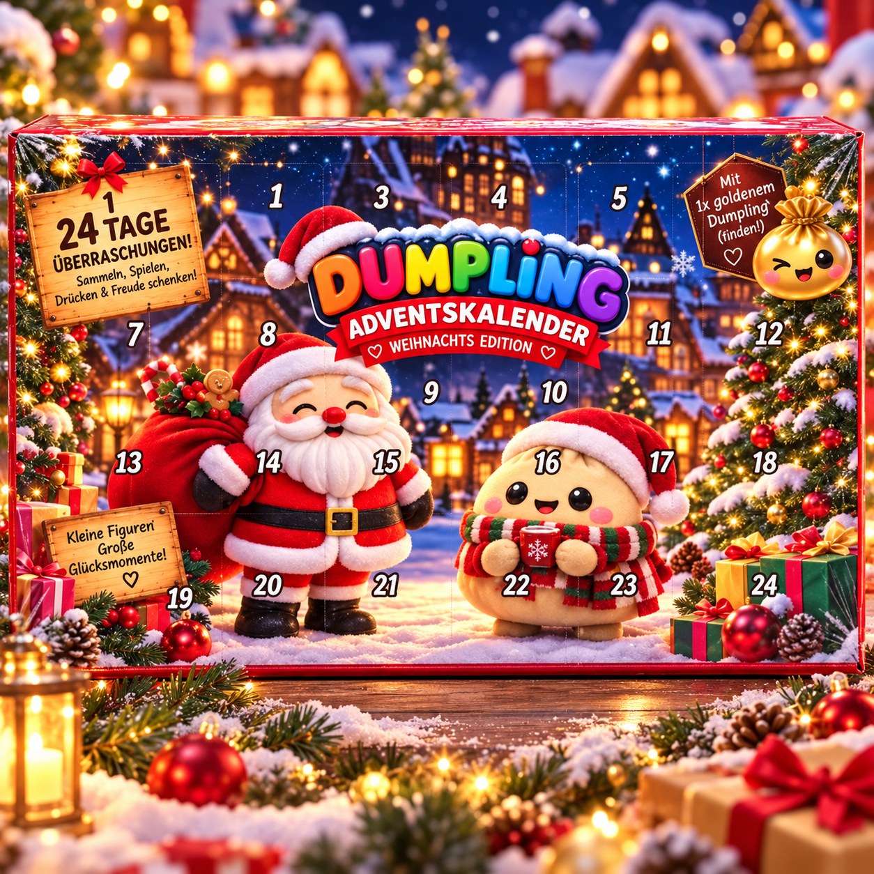 Weihnachts Mystery Dumpling Adventskalender 24Stk – Adventskalender mit 24 Squishy Dumplings, goldenem Dumpling und Maßen von 26 x 18 x 3 cm.
