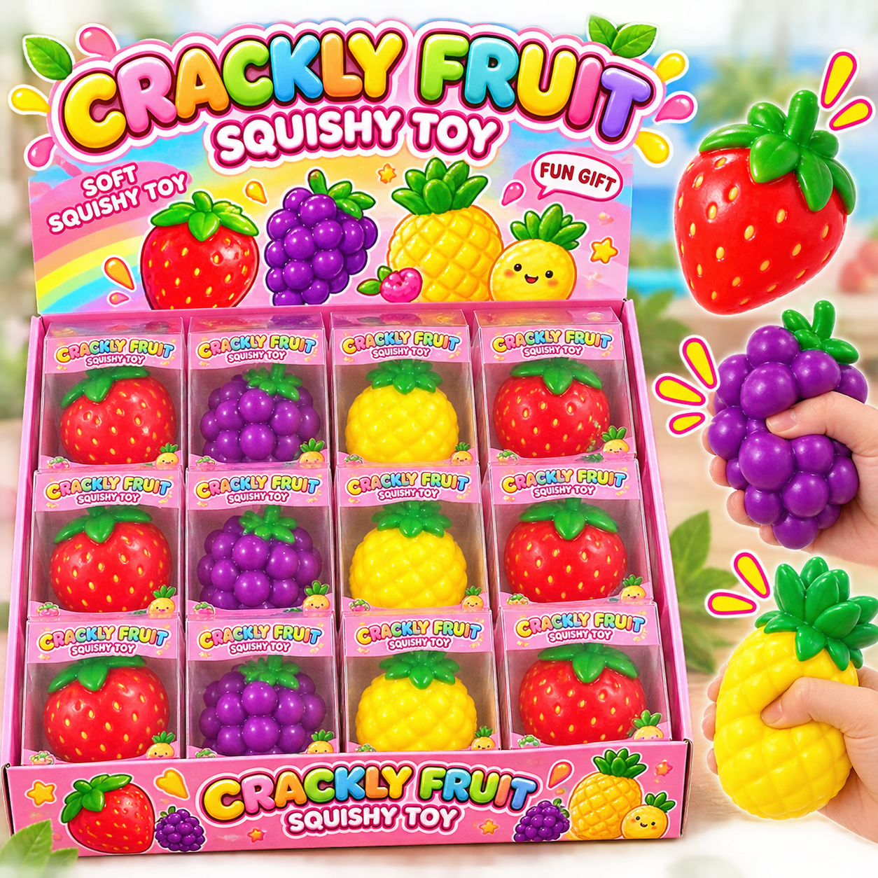 Früchte-Mix Squishy 12Stk – bunte Anti-Stress-Spielzeuge in Erdbeer-, Trauben- und Ananasform