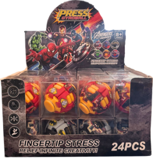 Heroes Fidget Ball 24Stk – bunte Anti-Stress- und Fidget-Bälle mit verschiedenen Superhelden-Motiven im Verkaufsdisplay