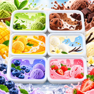 Eiscreme Squishy 6Stk – bunte Anti-Stress-Spielzeuge im Matcha-, Schokoladen-, Mango-, Vanille-, Blaubeer- und Erdbeer-Eiscreme-Design