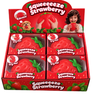 Jumbo Erdbeeren Squishy 4Stk – große rote Anti-Stress-Spielzeuge in Erdbeerform mit grünen Blättern