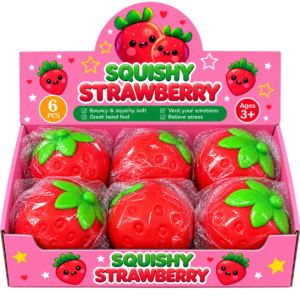 Jumbo Erdbeeren Squishy 6Stk – große rote Anti-Stress-Spielzeuge in Erdbeerform mit grünen Blättern