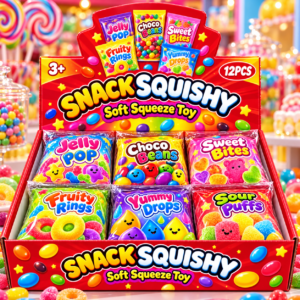 Snack Box Squishy 12Stk – bunte Anti-Stress-Spielzeuge im Süßigkeiten- und Snacktüten-Design mit verschiedenen Motiven.