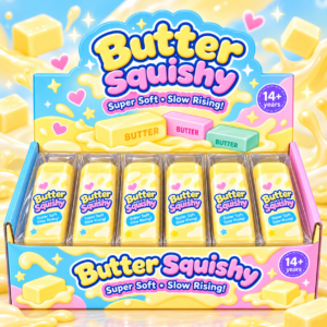 Butter Squishy Crunchy 12Stk – Squishy-Spielzeuge im Butter-Design mit Crunchy-Effekt in einer praktischen 12er-Verkaufseinheit.