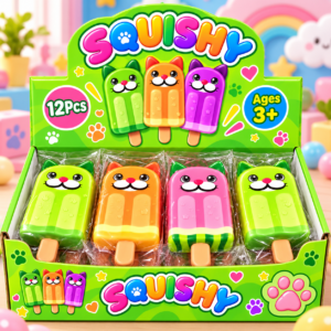 Cat Eis Squishy 12Stk im Display – bunte Squishy-Spielzeuge im Katzen-Eis-Design in verschiedenen Farben.