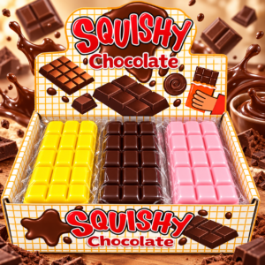 Chocolate Squishy 12Stk – bunte Anti-Stress-Spielzeuge in Schokoladentafel-Optik mit braunen, gelben und rosa Varianten