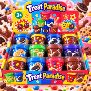 Treat Paradise Squishy 12Stk – bunte Anti-Stress-Spielzeuge in Dessert-Bechern mit Cookie-, Schokoladen- und Süßigkeiten-Designs