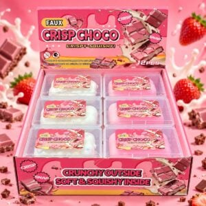 Crispy Choco Squishy 12 Stk im Verkaufsdisplay mit rosa und weißen Squishys und Crispy Crackle Effekt für Kioske, Spielwarenläden und Wiederverkäufer