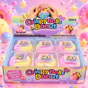 Crispy Donut Squishy Toy 12 Stk im bunten Verkaufsdisplay mit einzeln verpackten Donut Squishys und Crispy Crackle Effekt für Wiederverkäufer