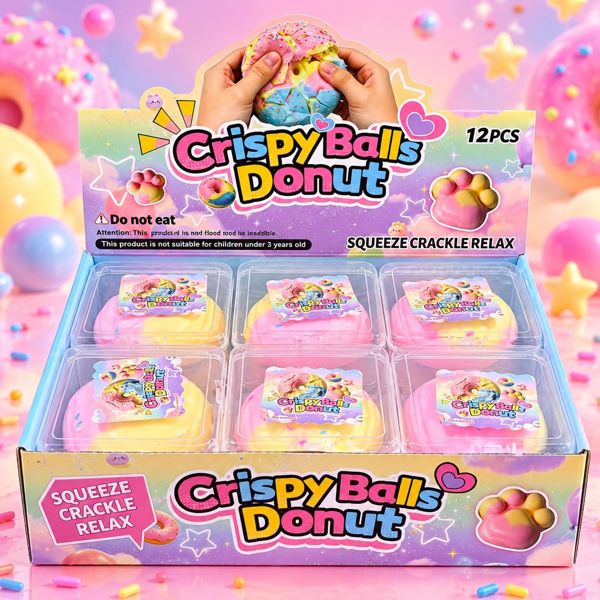 Crispy Donut Squishy Toy 12 Stk im bunten Verkaufsdisplay mit einzeln verpackten Donut Squishys und Crispy Crackle Effekt für Wiederverkäufer