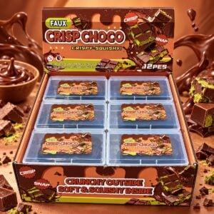 Crispy Dubai Chocolate Squishy 12 Stk im Verkaufsdisplay mit Schokoladenoptik, grüner Füllung und Crispy Crackle Effekt für Kioske und Wiederverkäufer