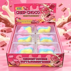 Crispy Schmetterling Squishy 12 Stk im Verkaufsdisplay mit bunten Butterfly Squishys in Rosa Blau und Gelb sowie Crispy Crackle Effekt