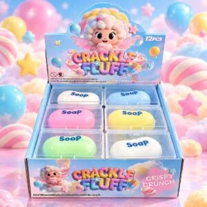 Crispy Soap Squishy 12 Stk im Crackle Fluff Verkaufsdisplay mit bunten Seifen Squishys in verschiedenen Pastellfarben und Crispy Crunch Effekt