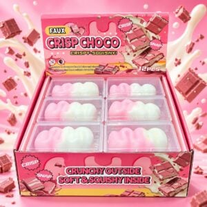 Crispy Chocolate Zigzag Squishy 12 Stk im Verkaufsdisplay mit rosa weißen Squishys in Wellenform und Crispy Crackle Effekt