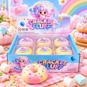 Crackle Fluff Donut Squishy 12Stk – weiche Donut-Squishys mit besonderem Crackle-Fluff-Effekt in einer praktischen 12er-Verkaufseinheit.