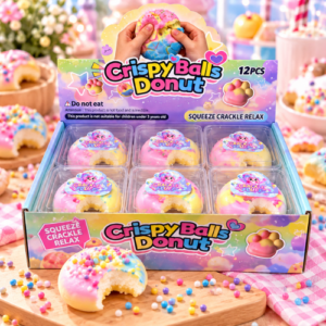 Crispy Balls Bitten Donut Squishy 12Stk – weiche Donut-Squishys mit Biss-Optik und Crispy-Ball-Effekt in einer praktischen 12er-Verkaufseinheit.