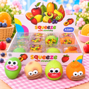 Knister Früchte Mix Big Mouth 12Stk – bunte Squeeze-Squishys in verschiedenen Frucht-Designs mit großen Augen und lustigen Big-Mouth-Gesichtern.