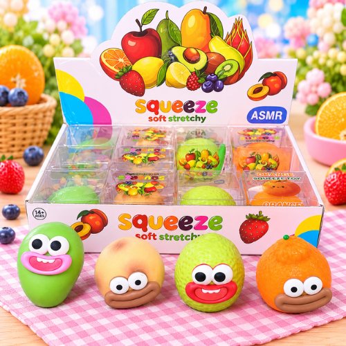 Knister Früchte Mix Big Mouth 12Stk – bunte Squeeze-Squishys in verschiedenen Frucht-Designs mit großen Augen und lustigen Big-Mouth-Gesichtern.