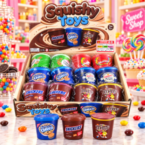 Squishy Sweet Cups 12Stk – bunte Squishy-Spielzeuge im Süßigkeiten- und Snackbecher-Design in einer praktischen 12er-Verkaufseinheit.